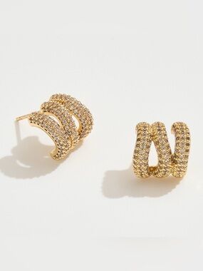 14K Gold Dipped CZ Stone Paved Triple Row Half Hoop Small Earrings